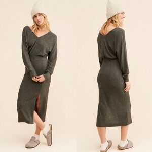 Daily Practice by Anthropologie Barre Midi V-Neck Sweater Dress Charcoal Size M